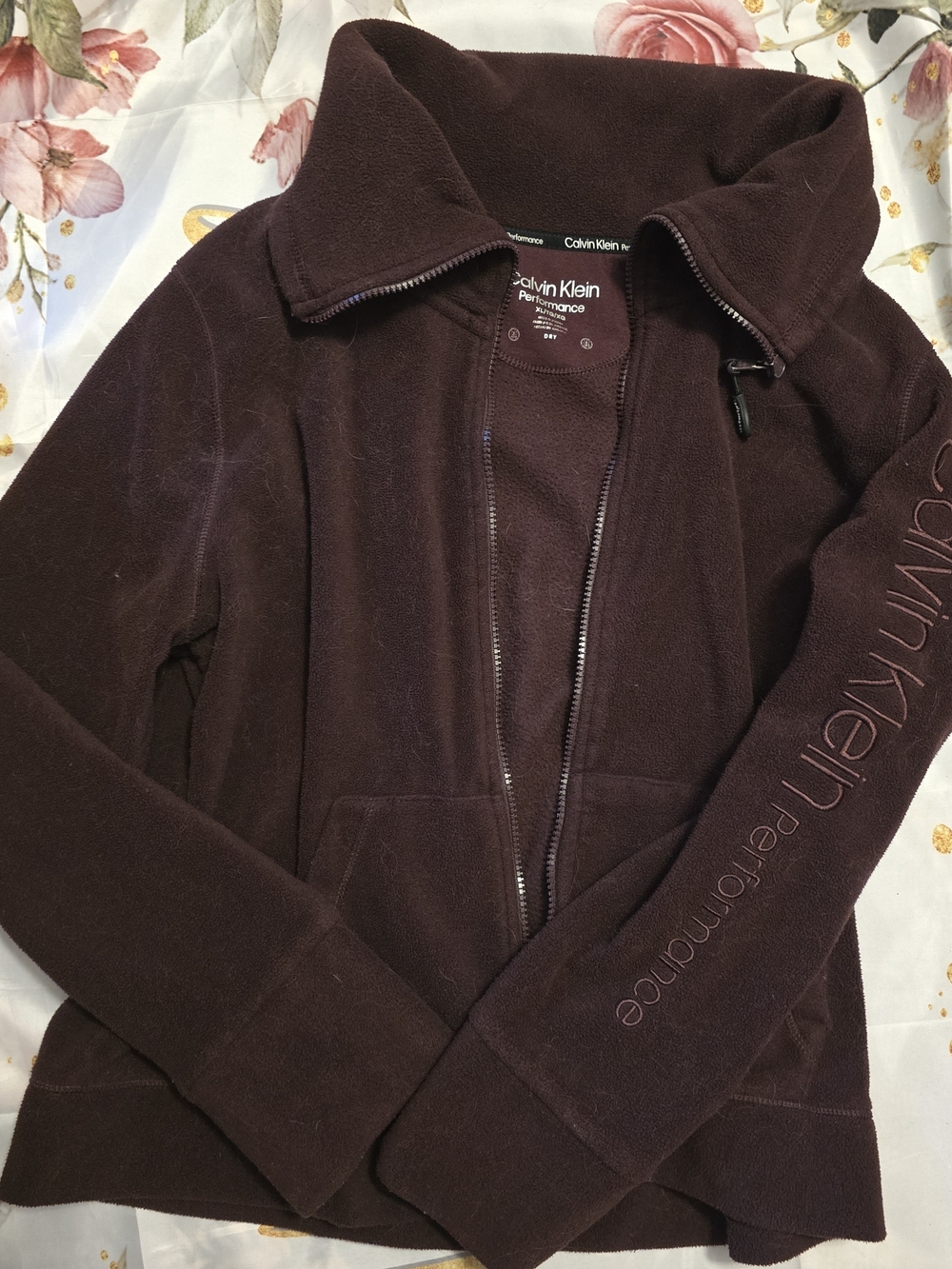 Calvin Klein Dark Brownish Burgundy Fleece Bomber Jacket